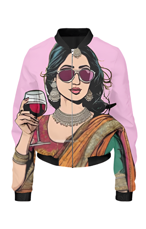 Women AOP Bomber Jacket_Lady with Wine Glass