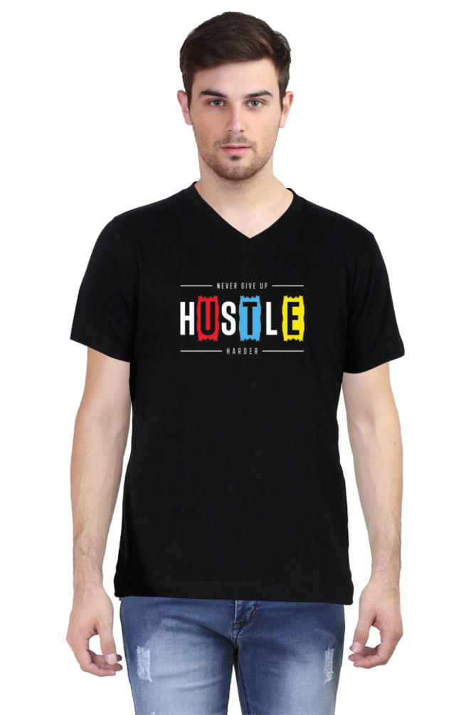 Men's V Neck Half Sleeve T-Shirt_Hustle